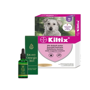 Bayer KILTIX, antkaklis dideliems šunims 70cm + LAB-V Omega 3 ir 6 riebalų rūgštys bendrai šunų ir kačių sveikatos, kailio ir odos būklei gerinti 100ml
