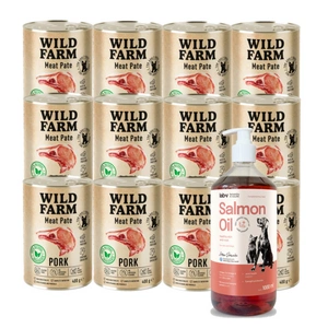 Wild Farm Pate Pork 12x400g pašaro šunims be glitimo + LAB V Lašišų aliejus šunims ir katėms 1000ml