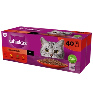 WHISKAS Adult paketėliai 40 x 85 g Classic Meals - drėgnas maistas suaugusioms katėms, su padažu (su jautiena, vištiena, ėriena, paukštiena)