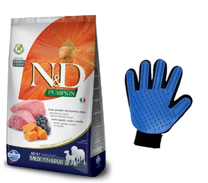 "Farmina N&D Pumpkin Grain Free canine LAMB & BLUEBERRY ADULT MEDIUM & MAXI 12kg + nemokama šukavimo pirštinė