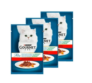 Purina Gourmet Perle kačių maistas mini filė padaže su jautiena ir morkomis 3x85 g