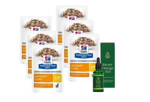 HILL'S PD Prescription Diet Feline c/d Multicare Chicken 6x85g paketėlis + LAB-V Omega 3 ir 6 riebalų rūgštys bendrai šunų ir kačių sveikatos, kailio ir odos būklei gerinti 50ml