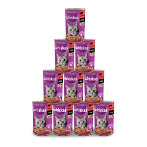 WHISKAS Adult konservų dėžutė 12x400g - drėgnas kačių ėdalas su jautiena padaže