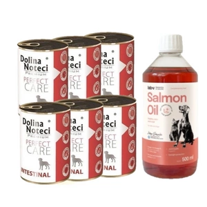 Dolina noteci Premium Perfect Care Intestinal 12x400g + LAB V Lašišų aliejus šunims ir katėms 500ml