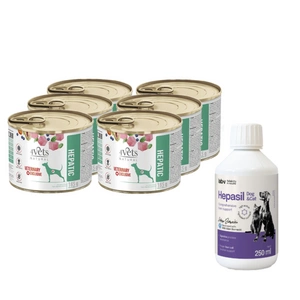 4Vets Dog Hepatic 6x185g + Lab-v Hepasil Dog & Cat preparatas šunų ir kačių kepenų veiklai gerinti 250 ml