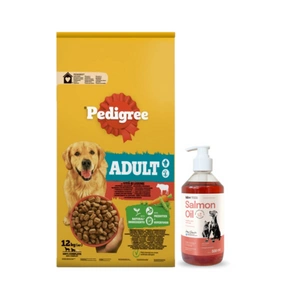 PEDIGREE® Adult 12 kg su jautiena + LAB V Lašišų aliejus šunims ir katėms 500ml