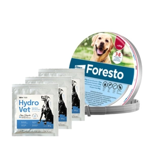 ELANCO Foresto Antkaklis šunims virš 8kg + Hydro-Vet Dog - dietinis pašarų mišinys šunims, skatinantis atsigavimą po operacijos 3x22 g