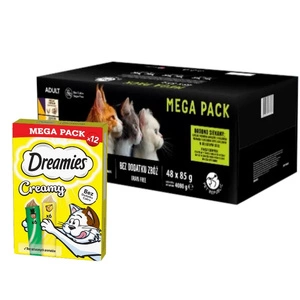 PetRepublic drėgnas kačių ėdalas švelniame padaže mišinys mėsos skonių 48x85g + DREAMIES Kreminis su sūriu ir katžole 12x10g