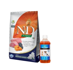 Farmina N&D Pumpkin Grain Free canine LAMB & BLUEBERRY PUPPY MEDIUM & MAXI 12kg + LAB V Lašišų aliejus šunims ir katėms 500ml