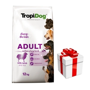 TROPIDOG premium adult medium & large breed  ėriena su ryžiais 12 kg + Staigmena Šunui