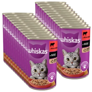 WHISKAS Adult konservų dėžutė 24x400g - drėgnas kačių ėdalas su jautiena padaže