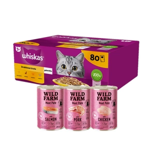 WHISKAS Adult paketėlis 80 x 85 g Paukštienos gabalėlis - drėgnas maistas suaugusioms katėms drebučiuose (gabalėliai su: vištiena, antiena, paukštiena, kalakutiena) + WILD FARM Paštetas 3x400g