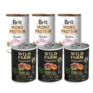 BRIT MONO PROTEIN RABBIT 3x400g + Wild Farm Monoprotein Pork 3x400g hipoalerginis maistas šunims