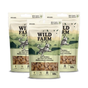 WILD FARM minkštos vištienos širdelės 3x50g kačių skanėstai nuo plaukų kamuolių