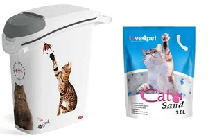 CURVER PetLife Konteineris kraikui ar ėdalui laikyti 10 kg/27 l 23,2x49,7x50,3 + Silikoninis kačių kraikas Smėlis 3,8 l