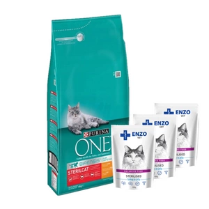 Purina One Cat Sterilcat vištienos ėdalas 5,7kg + ENZO VET Sterilizuota dieta sterilizuotoms katėms su kalakutiena želė 3x100g