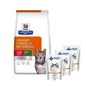 HILL'S PD Prescription Diet c/d Urinary Stress+ Metabolic Feline 1,5kg + ENZO VET šlapalas su vištiena padaže katėms 3x100g