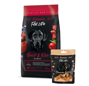 FITMIN For Life Jautiena su ryžiais 12kg + Fitmin For Life sausainiai šunims ir katėms 50 g skonių mišinys