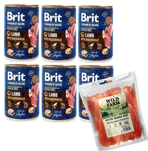 "Brit Premium by Nature" ėriena su BUCKWHEAT 6x400g + WILD FARM Minkšta vištienos krūtinėlė 500g skanėstai šunims