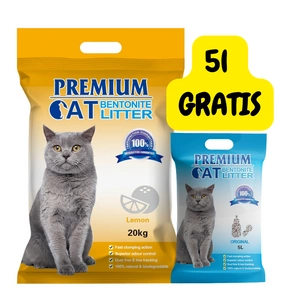Premium Cat Clumping Bentonite kraikas katėms - citrina 20kg + natūralus kraikas 5L NEMOKAMAI!