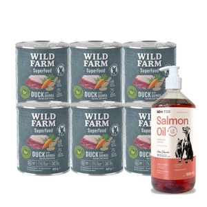 WILD FARM Superfood Duck (Antis su kvinoja, morkomis ir žolelėmis) 6x800 g pašaro šunims be grūdų + LAB V Lašišų aliejus šunims ir katėms 1000ml