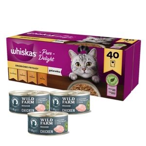 WHISKAS Adult Patiekalas 40x85g Paukštienos skoniai - drėgnas kačių maistas želė (vištiena, antis, paukštiena, kalakutiena) paketėlyje + WILD FARM Mousse Chicken 3x85g