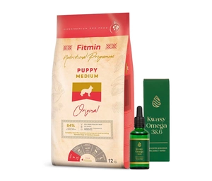 FITMIN Medium Puppy 12kg + LAB-V Omega 3 ir 6 riebalų rūgštys bendrai šunų ir kačių sveikatos, kailio ir odos būklei gerinti 100ml