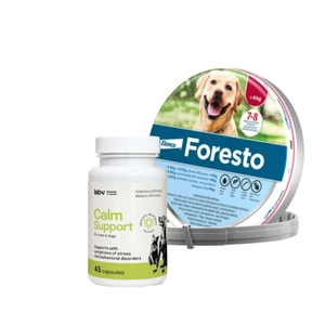 ELANCO Foresto Antkaklis šunims virš 8kg + LAB-V Calm Support - streso ir elgesio sutrikimų simptomų palaikymas 45 kapsulės