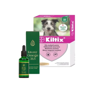 Bayer KILTIX, antkaklis mažiems šunims 38cm + LAB-V Omega 3 ir 6 riebalų rūgštys bendrai šunų ir kačių sveikatos, kailio ir odos būklei gerinti 100ml