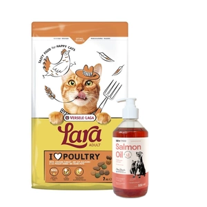 VERSELE-LAGA Lara Adult Turkey & Chicken 7kg - Suaugusių kačių ėdalas su kalakutiena ir vištiena + LAB V Lašišų aliejus šunims ir katėms 500ml