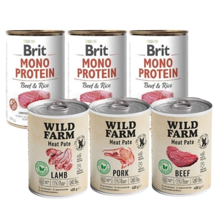 BRIT MONO PROTEIN BEEF & BROWN RICE 3x400g + Wild Farm Pate Lamb 3x400g skonių rinkinys