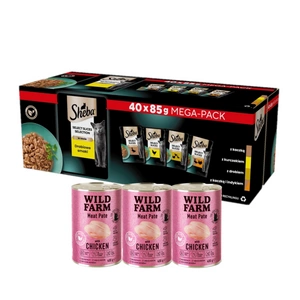 SHEBA Selection Select Slices Paukštienos skonio paketėliai 40x85g + WILD FARM Paštetas su vištiena 3x400g