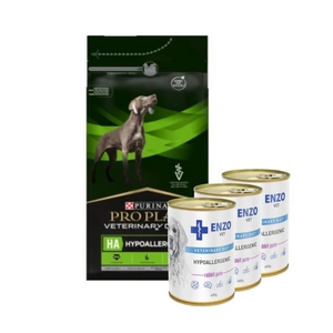 PURINA Veterinary PVD HA Hypoallergenic Dog 1,3kg + ENZO VET Hipoalerginė dieta su triušiena šunims 3x400g