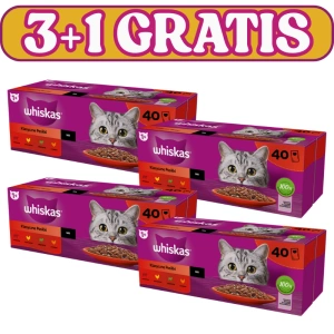WHISKAS Adult paketėliai Classic Meals - drėgnas maistas suaugusioms katėms, su padažu (su jautiena, vištiena, ėriena, paukštiena) 120x85g + 40x85g NEMOKAMAI