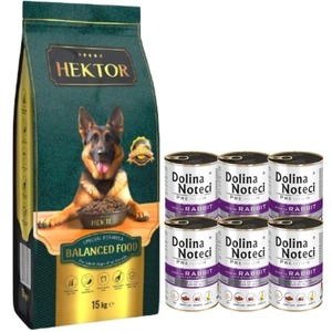 HEKTOR BALANCED Adult 15kg + Dolina Noteci Premium triušiena su spanguolėmis 6x400g