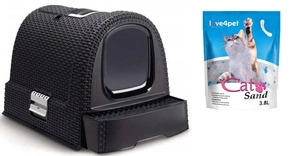 CURVER tualetas katėms su dangčiu 51x38,5x39,5 cm grafitas + Silikoninis kačių kraikas Smėlis 3,8 l