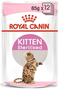 ROYAL CANIN Kitten Sterilised 12x85g drėgno maisto padaže sterilizuotiems kačiukams iki 12 mėnesių amžiaus