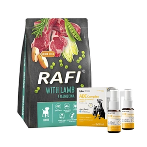 DOLINA NOTECI Rafi Junior sausas ėdalas šunims su ėriena 3kg + Lab-V ADE Complex - vitaminų A, D ir E kompleksas šunims ir katėms