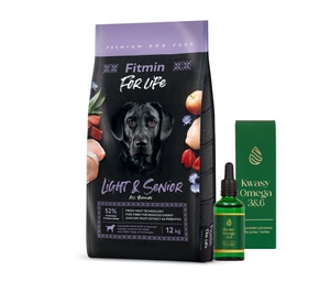 FITMIN For Life Light & Senior 12kg + LAB-V Omega 3 ir 6 riebalų rūgštys bendrai šunų ir kačių sveikatos, kailio ir odos būklei gerinti 100ml