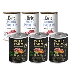 BRIT MONO BALTYMŲ JĖGŪNAS IR RUDONIEJI RYŽIAI 400g + Wild Farm Monoprotein Pork 3x400g hipoalerginis maistas šunims