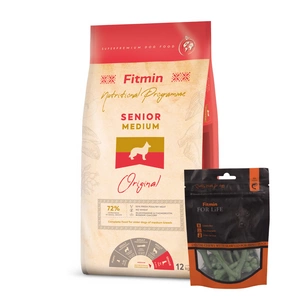 FITMIN Medium Senior 12kg + FITMIN Dantų skanėstas šunims su jūros dumbliais 70g