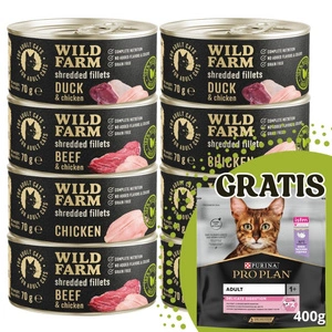 WILD FARM Fillets Chicken 70g - drėgnas kačių maistas be grūdų, filė sultinyje + PURINA 400 g NEMOKAMAI