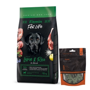 FITMIN dog For Life ėriena su ryžiais 12 kg + FITMIN Dantų skanėstas šunims su jūros dumbliais 70g