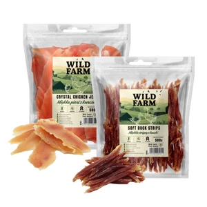 WILD FARM Minkšta vištienos krūtinėlė 500g + Minkšti anties juostelės 500g skanėstai šunims