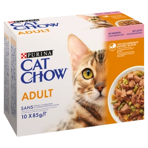PURINA Cat Chow Suaugusių kačių ėdalas su lašiša ir šparaginėmis pupelėmis drebučiuose 10x85 g
