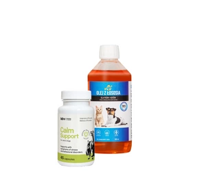LAB V Lašišų aliejus šunims ir katėms 500ml + LAB-V Calm Support - streso ir elgesio sutrikimų simptomų palaikymas 45 kapsulės