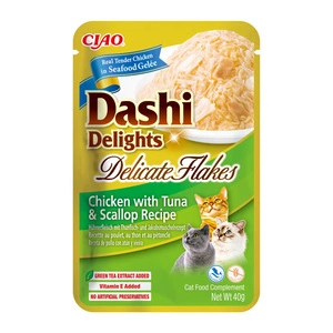 INABA Dashi Delights Delikatesinių dribsnių vištienos su tunu ir šukutėmis receptas 40g