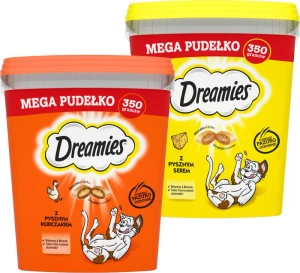 DREAMIES Mega Box 2x350g - papildomas ėdalas suaugusioms katėms, su gardžia vištiena / su gardžiu sūriu