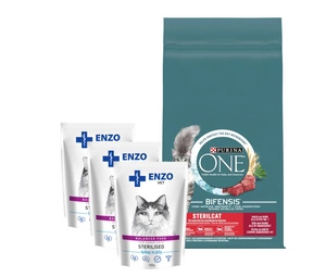 Purina One Sterilcat Rich in Beef and Wheat 9,75kg + 3x ENZO VET Sterilizuota dieta sterilizuotoms katėms su kalakutiena želė 100g