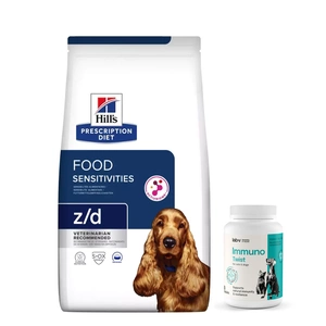 HILL'S PD Prescription Diet Canine z/d Jautrumas maistui 10kg + Lab-v Immuno Twist - natūralus imuniteto ir gyvybingumo palaikymas šunims ir katėms 60 susukamų kapsulių